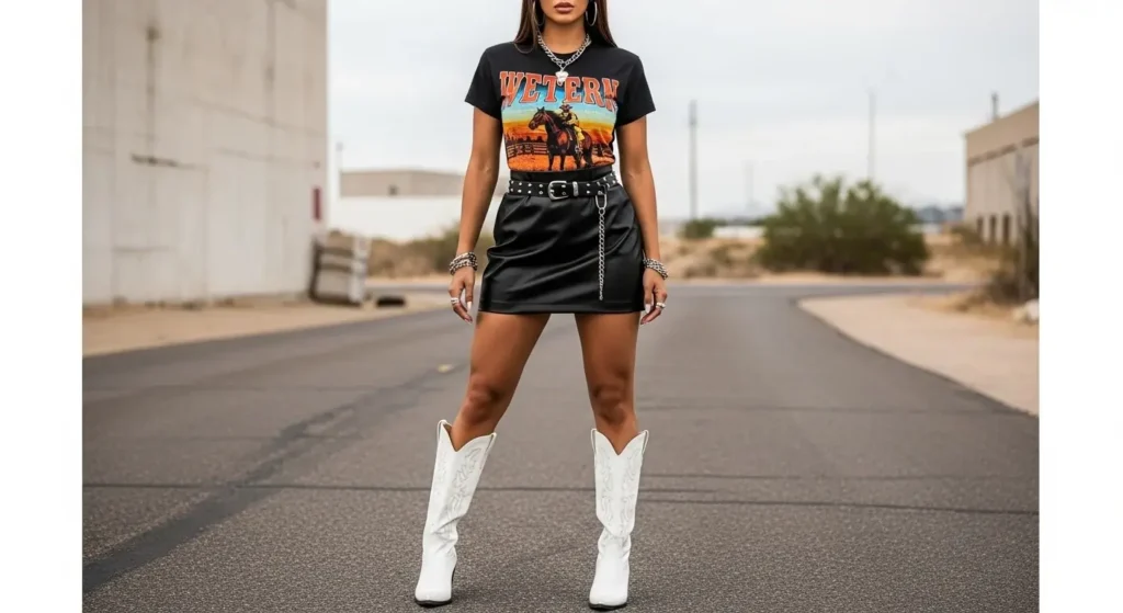 Graphic Western Tee + Leather Mini Skirt Summer Cowgirl Outfits