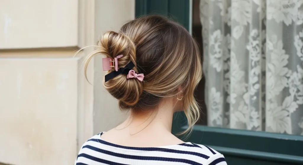 Messy Bun with Mini Bow Clip Hairstyles to Try