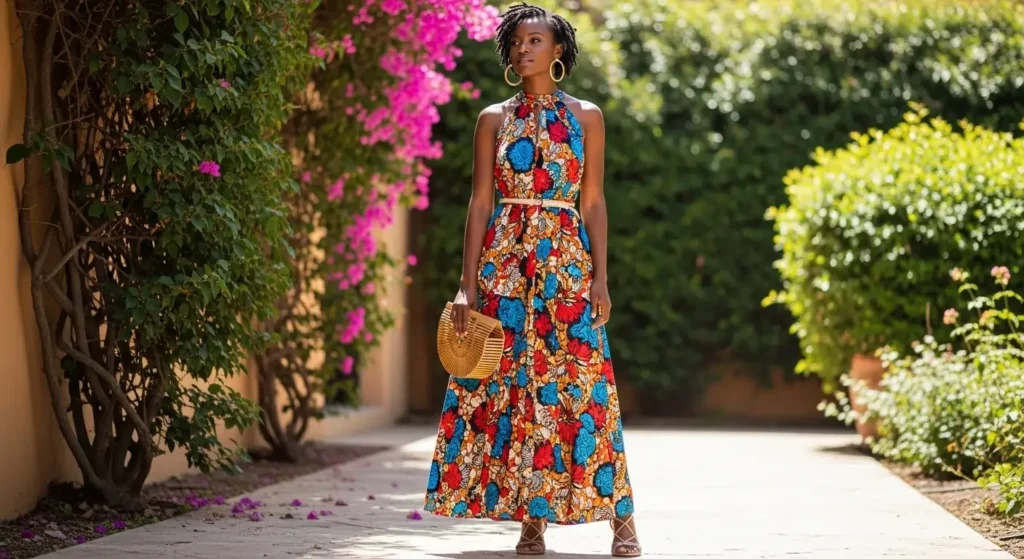 Bold Print Maxi Dress + Statement Earrings Summer Outfits for Black Women