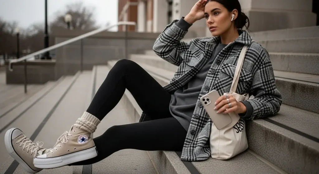 Plaid Shacket + Black Leggings Winter School Outfits