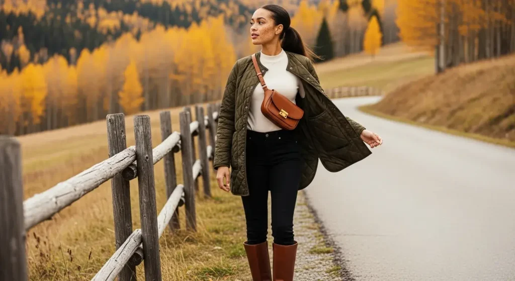 Quilted Jacket + Riding Boots Preppy Fall Outfits Idea