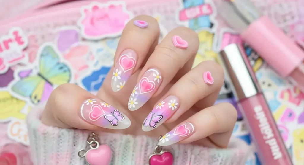 Airbrushed Hearts & Florals Long Summer Nail