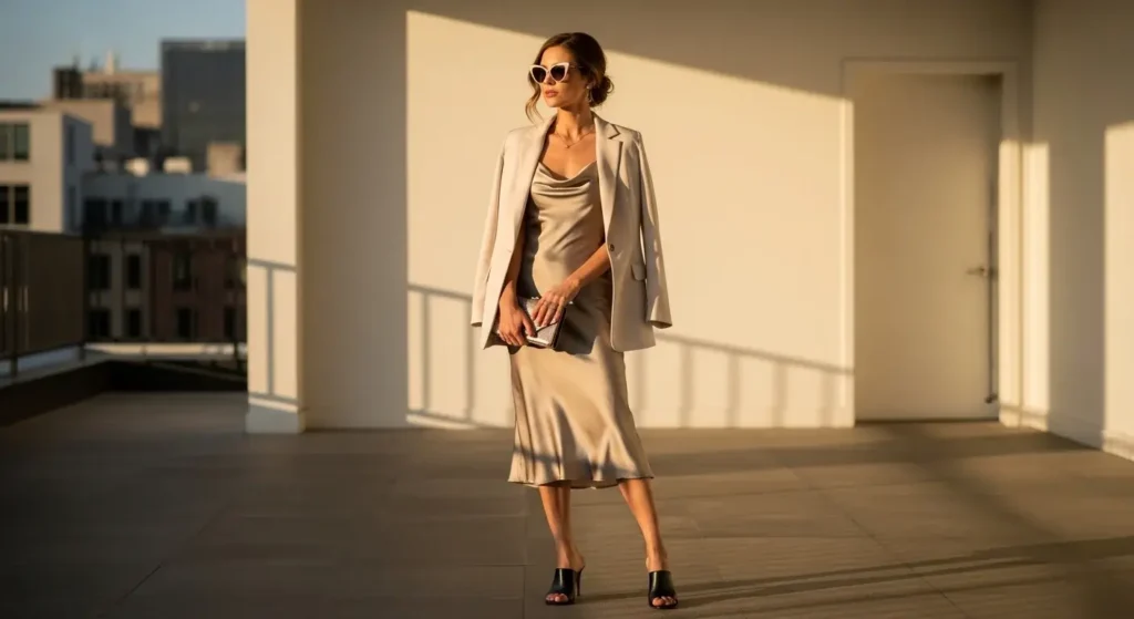 Satin Slip Dress + Oversized Blazer Chic Summer Outfits for women