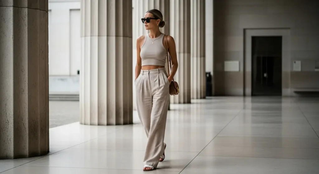 Wide-Leg Trousers + Cropped Tank Cute and Comfy European Summer Outfits Ideas