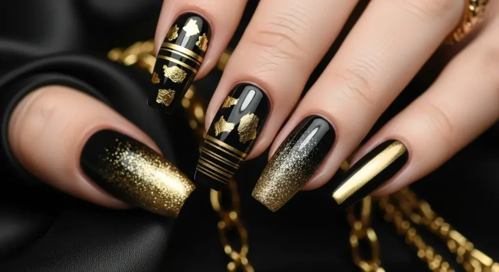 Metallic Black & Gold Accents Black Summer Nails That Pop