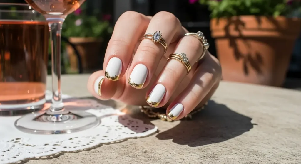 Gold-Leaf Tips Fresh White Nail Looks for Summer