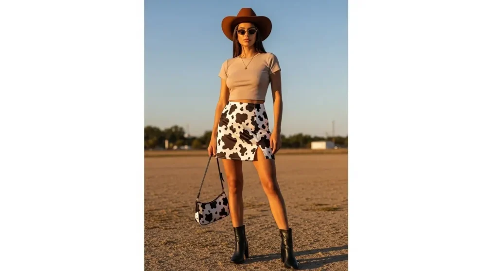 Cow Print Skirt + Fitted Tee Summer Cowgirl Outfits