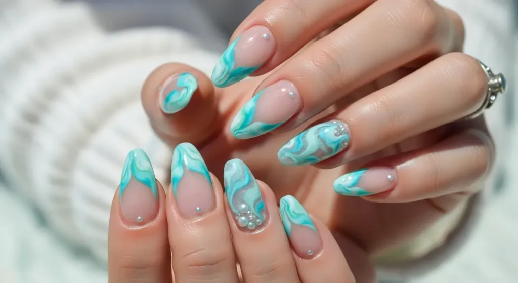 Aqua Marble Tips Vacation-Ready Nails for Summer
