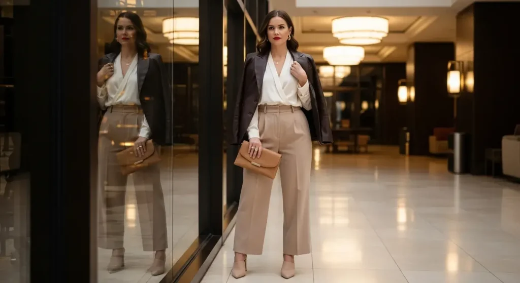 Faux Leather Blazer + Wide-Leg Trousers + Heeled Mules Must-Have Fall Outfits Ideas