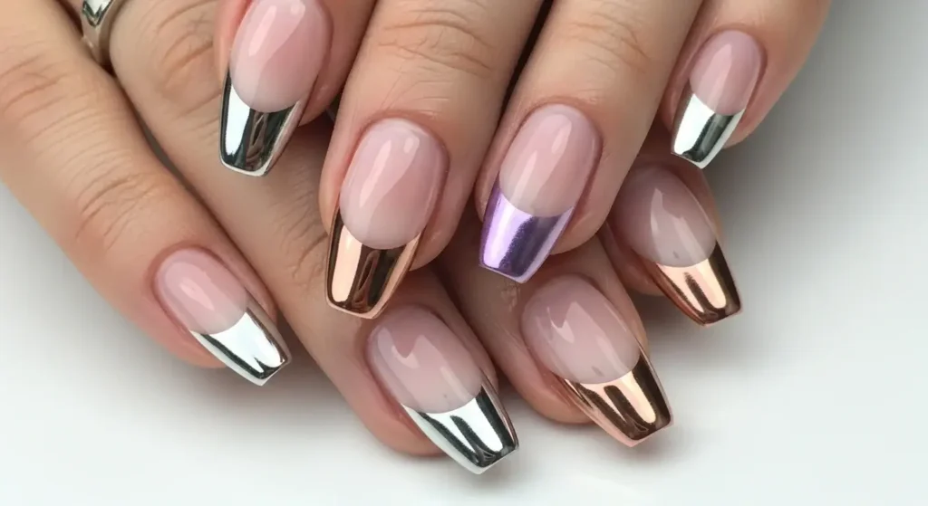 Chrome Dipped Tips French Tip Nails with a Summer