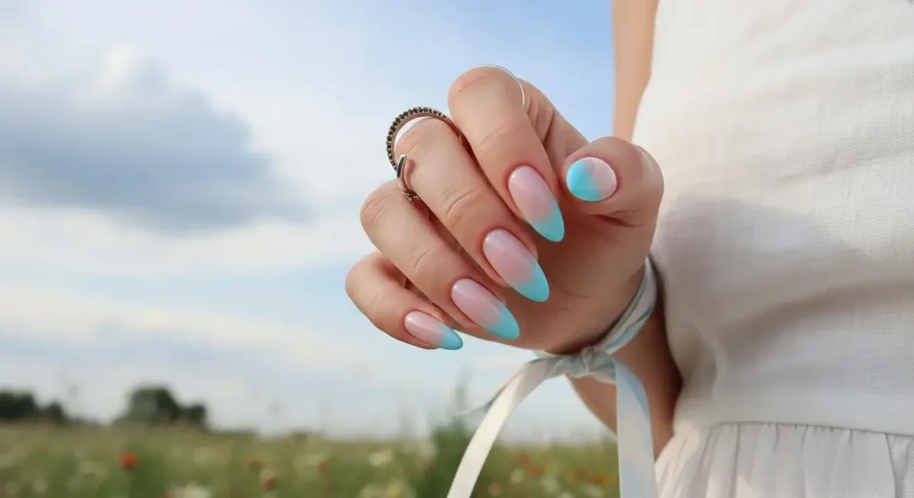 Aura French Fade in Sky Blue Nails You’ll Want to Copy July 2025