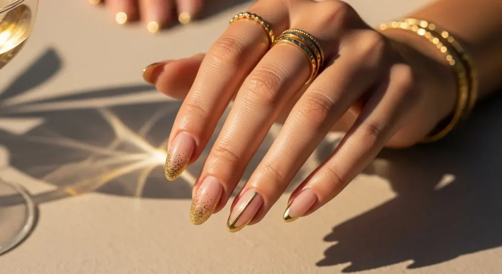 Glitter Gold – Firework Vibes in a Bottle Best July Nail Colors for 2025