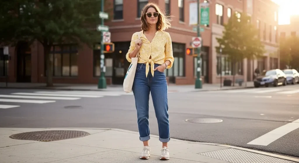 Cuffed Jeans + Tie-Front Blouse Jeans Summer Outfits for women