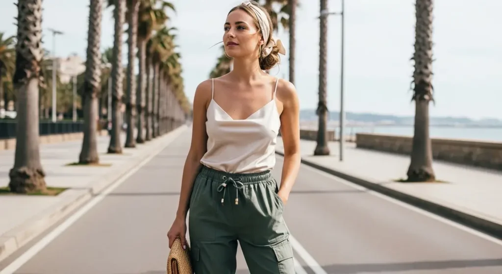 Silk Slip Top + Parachute Pants Barcelona Summer Outfits Guide