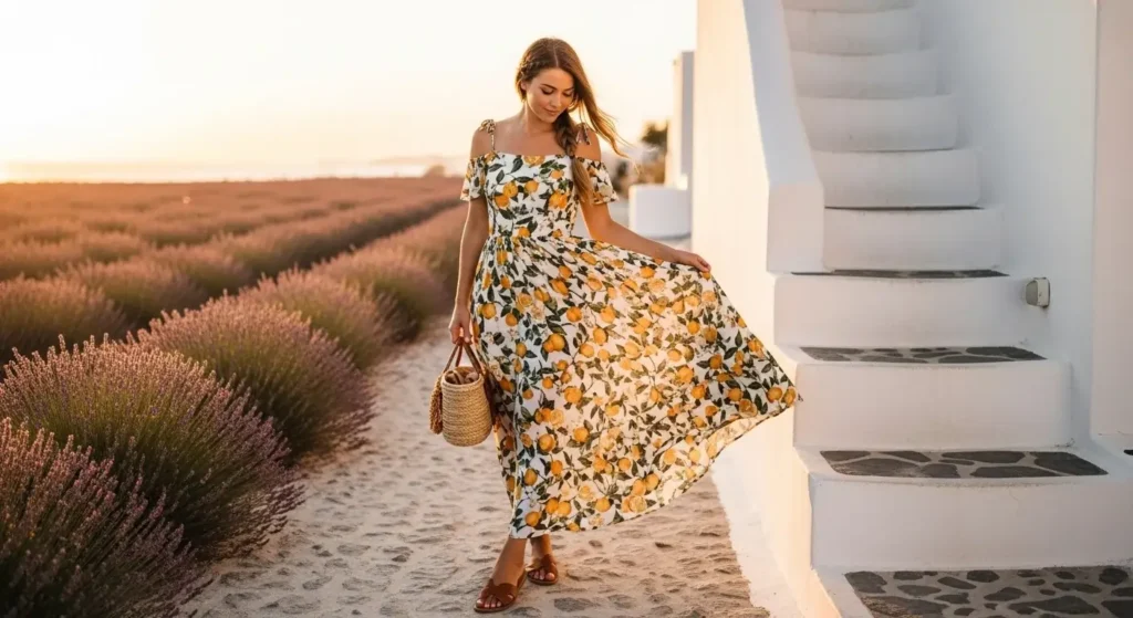 Flowy Maxi Dress + Flat Sandals Cute and Comfy European Summer Outfits Ideas