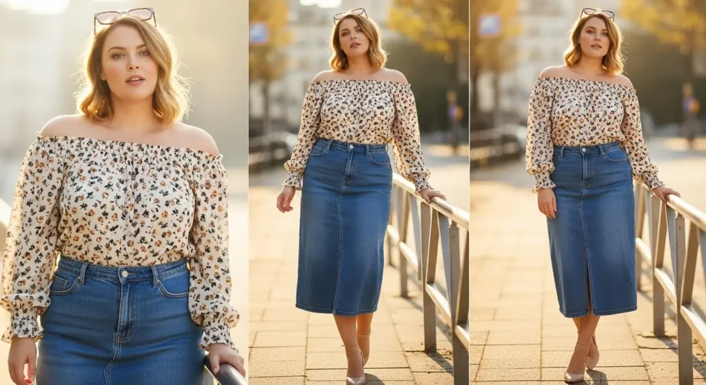 Off-Shoulder Tops + Denim Skirts Midsize Summer Outfits for women