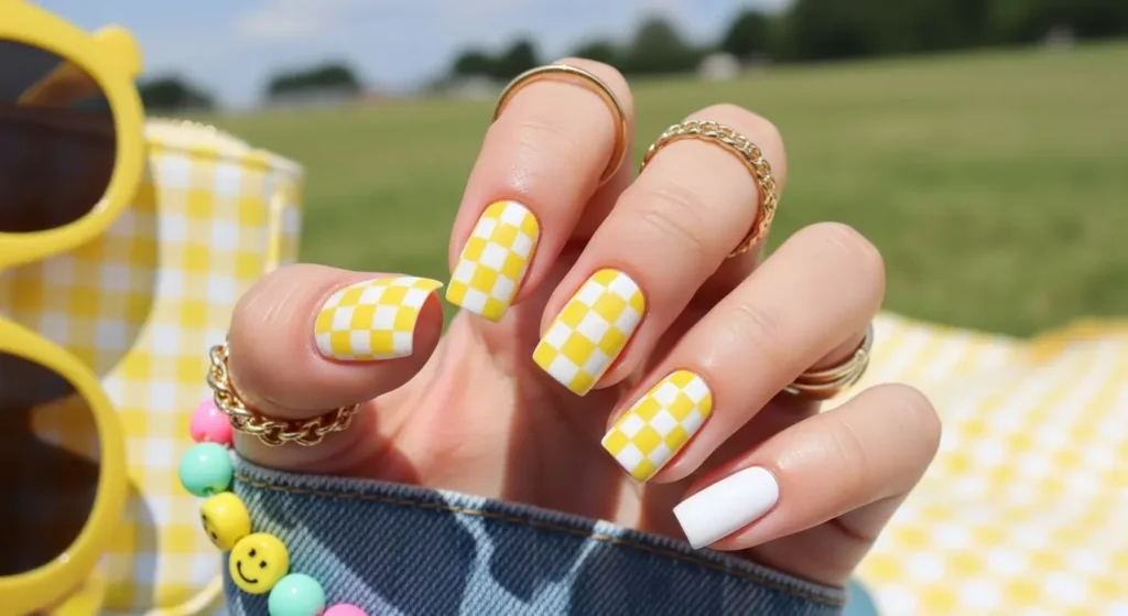 Yellow & White Checkerboard Combo Bright Yellow Nails Made for Summer 2025