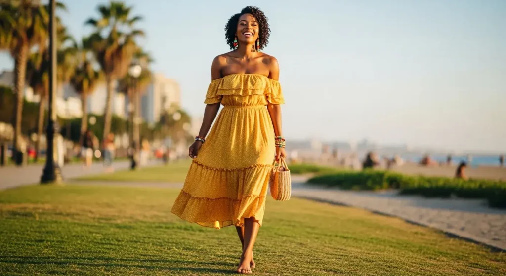 Off-Shoulder Ruffle Dress + Beaded Accessories Summer Outfits for Black Women