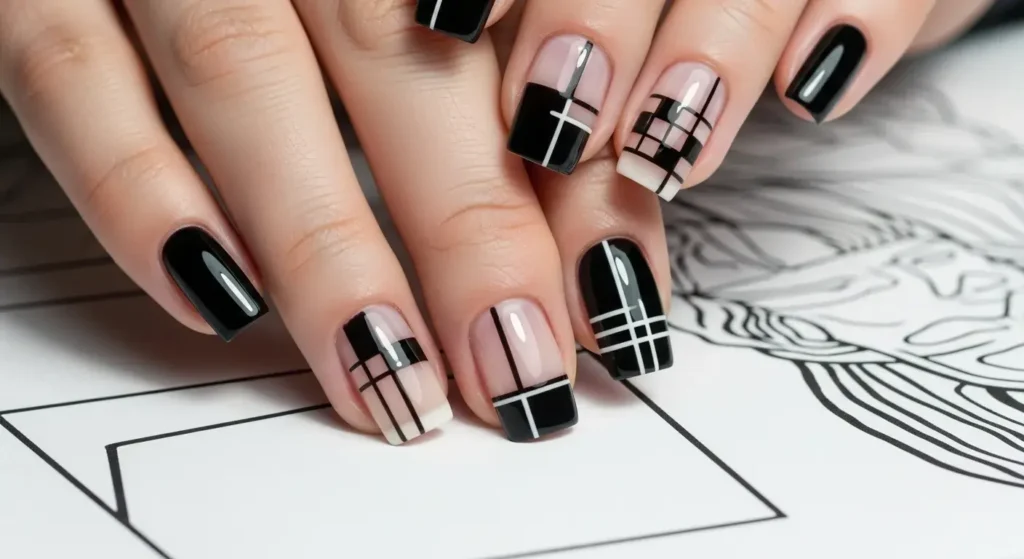 Negative Space Checkerboard & Geometric Lines Black Summer Nails That Pop