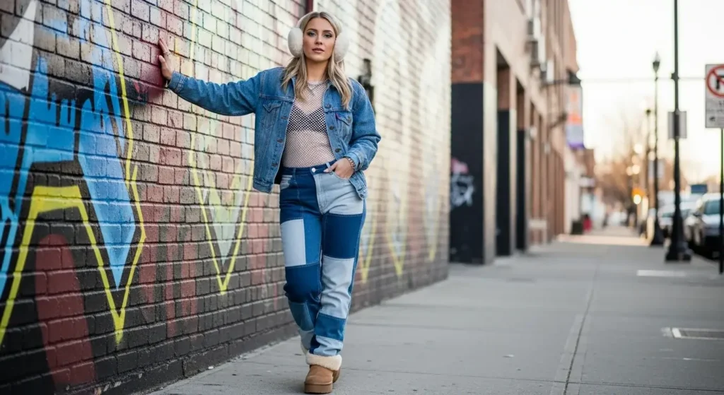 Denim-on-Denim + Glitter Top + Shearling Accessories Winter Concert Outfits
