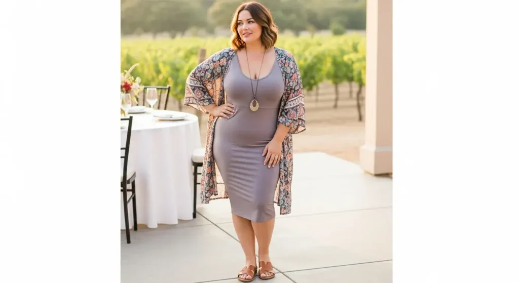 Bodycon Midi Dress + Lightweight Kimono Curvy Summer Outfits for women