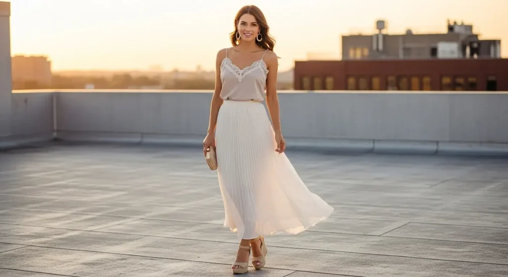 Cami + Pleated Skirt Long Skirt Outfits for Summer women.
