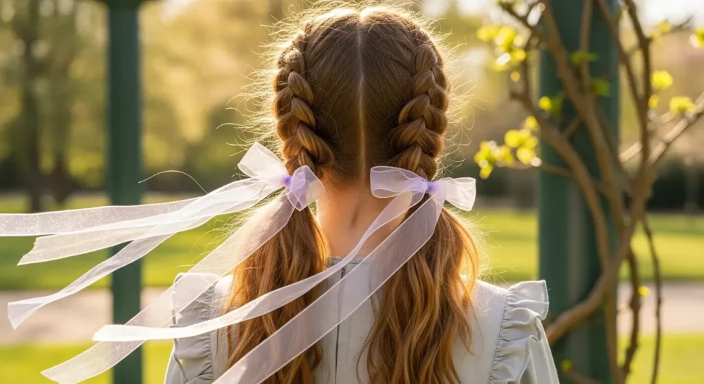 Braided Pigtails with Sheer Ribbon Ends Bow Hairstyles to Try