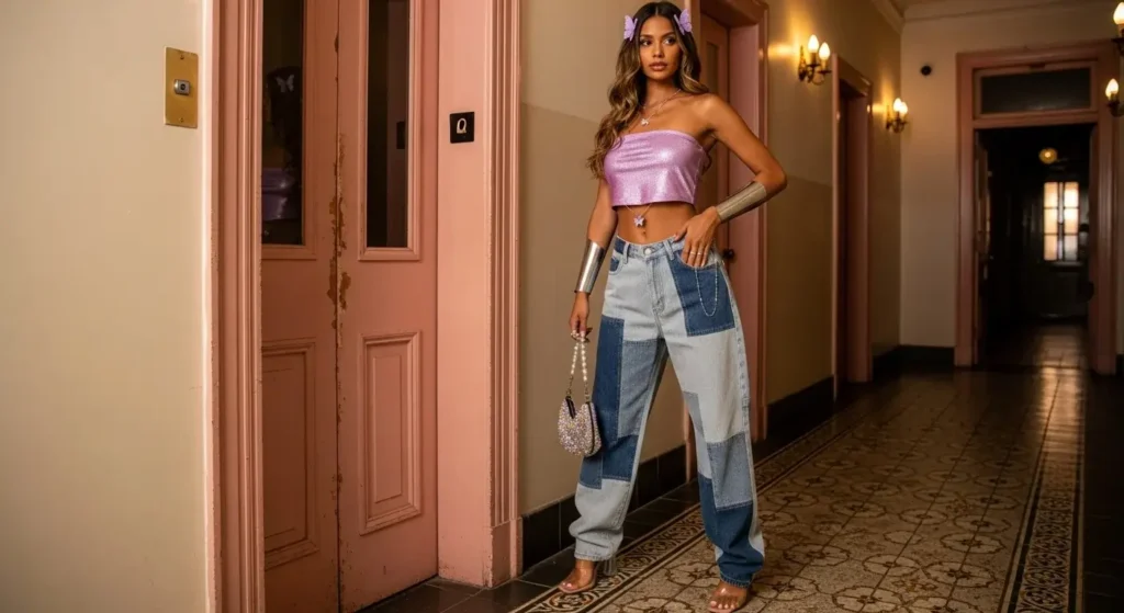 Tube Top + Patchwork Baggy Jeans + Clear Heels Trendy Baggy Jeans Outfits for Women