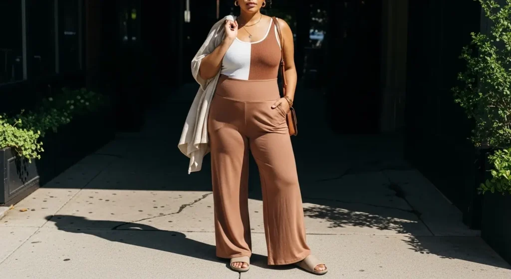 High-Waisted Wide-Leg Pants + Fitted Tank or Bodysuit Big Belly Summer Outfit Ideas