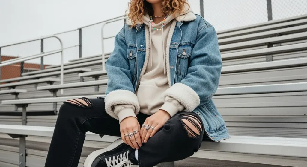Layered Denim Jacket + Sherpa Hoodie Winter School Outfits