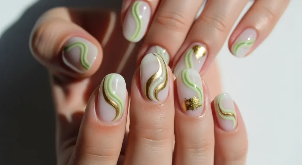Milky Matcha Swirls Round Summer Nails
