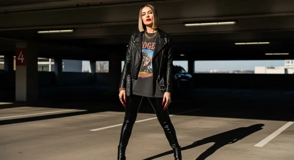 Moto Jacket + Graphic Tee + Leather Leggings Baddie Fall Outfits Ideas