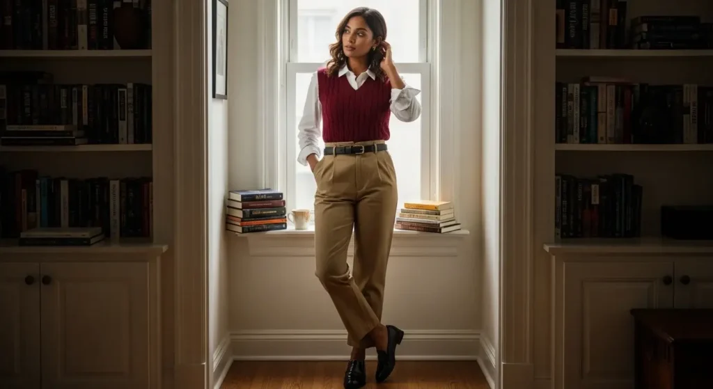 Sweater Vest Over Oxford Shirt Preppy Fall Outfits Idea