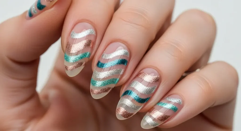 Glittering Wave Lines Vacation-Ready Nails for Summer