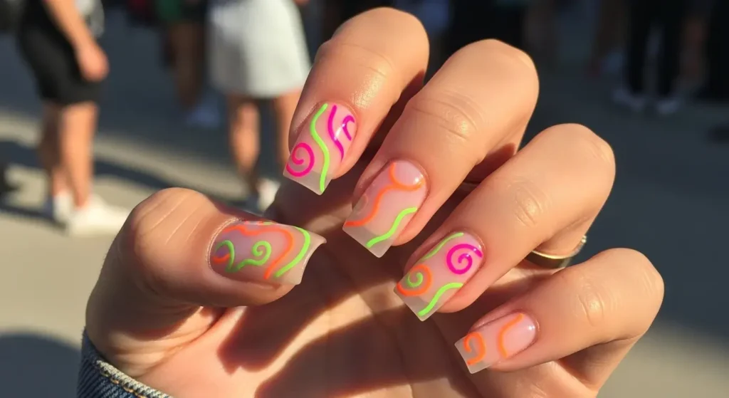 Neon Micro Swirls Short Acrylic Nails for Summer 2025