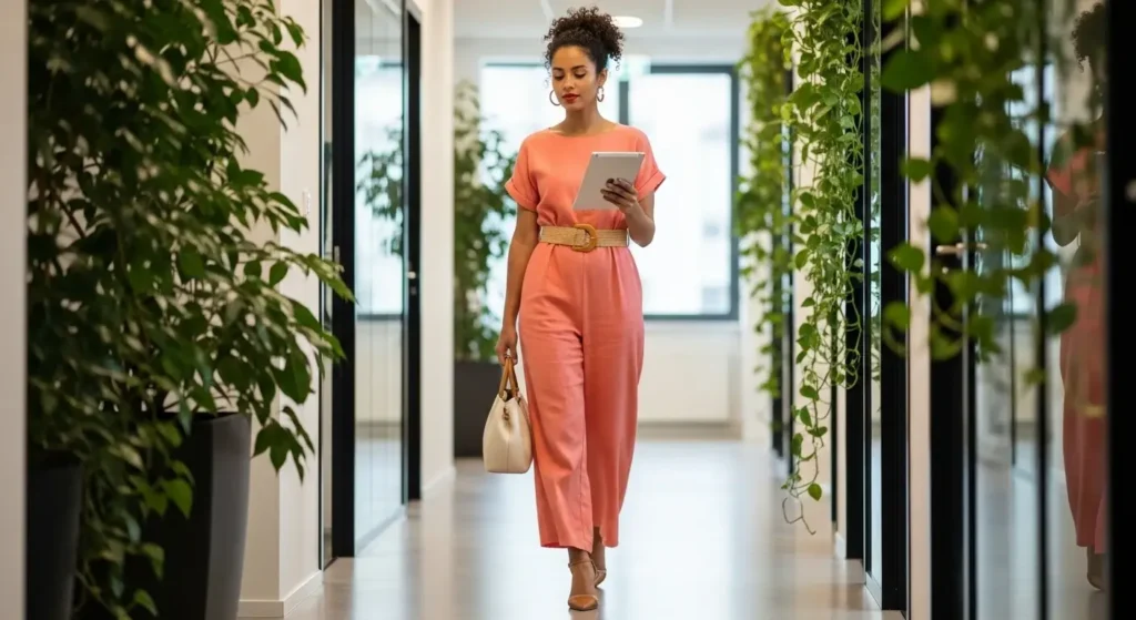 Belted Jumpsuits with Short Sleeves Summer Office Work Outfits