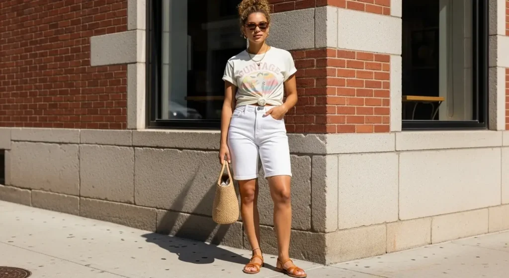 White Denim Bermuda Shorts Casual Summer Outfits