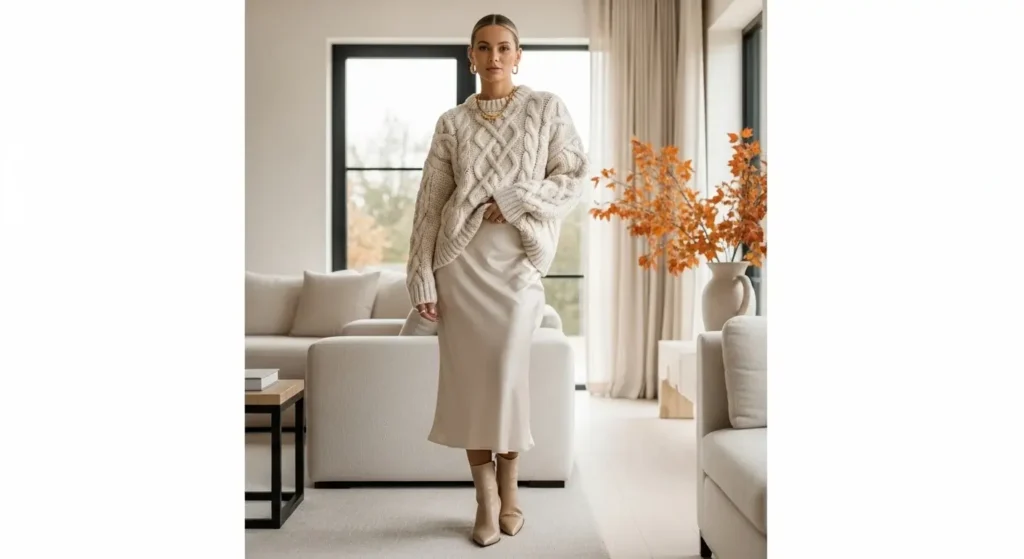 Oversized Knit Sweater + Midi Skirt + Ankle Boots Must-Have Fall Outfits Ideas