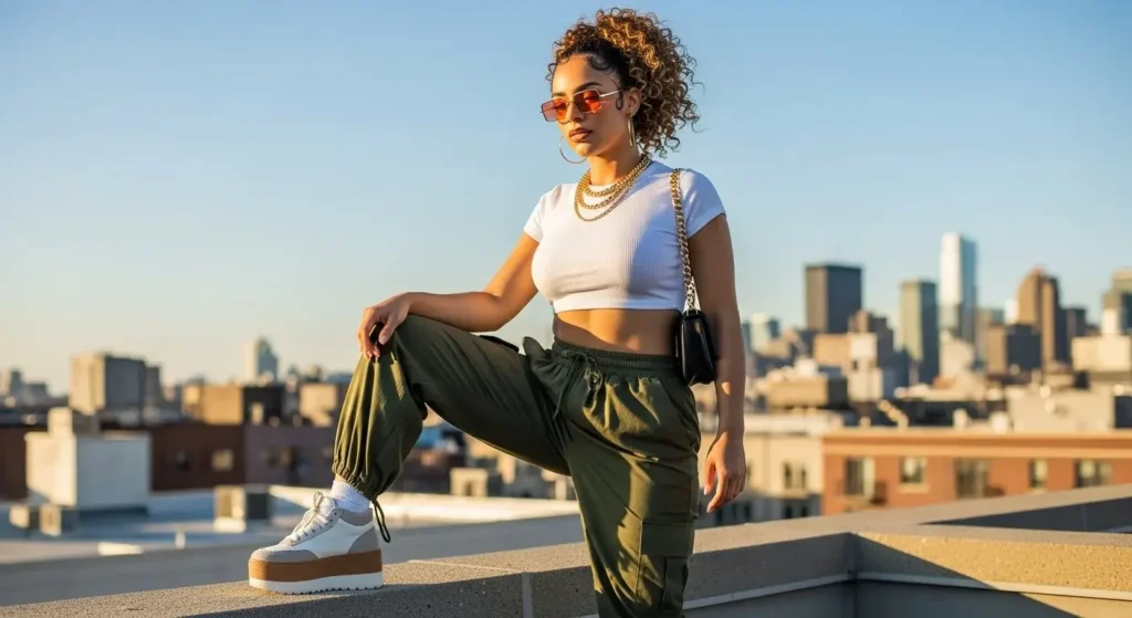 Crop Top + Cargo Pants + Chunky Sneakers Baddie Summer Outfits