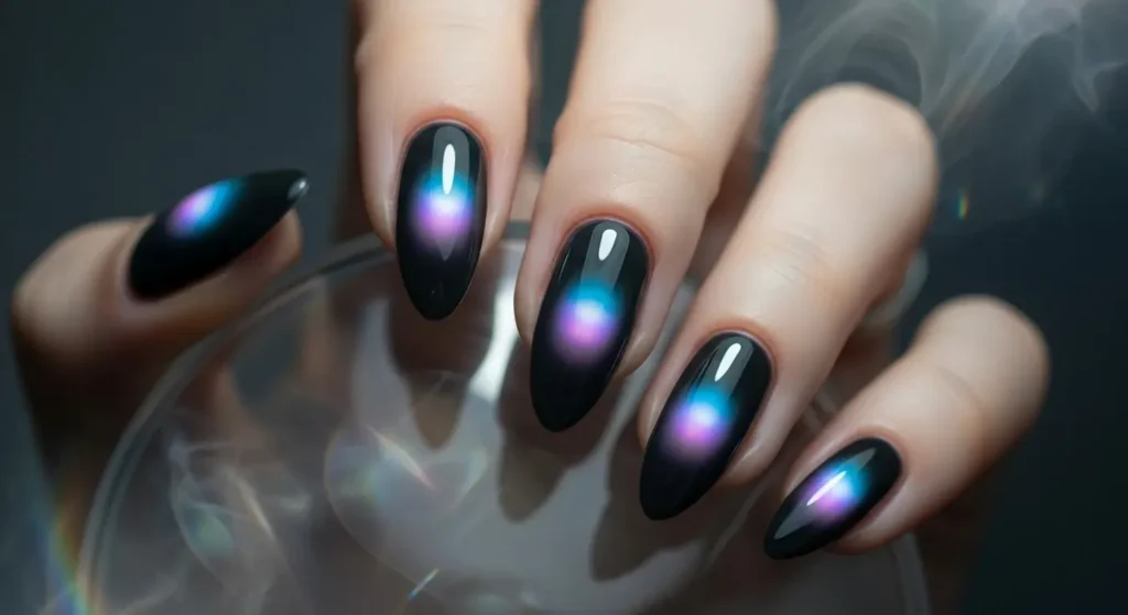 Glossy Charcoal & Aura-Style Highlights Black Summer Nails That Pop