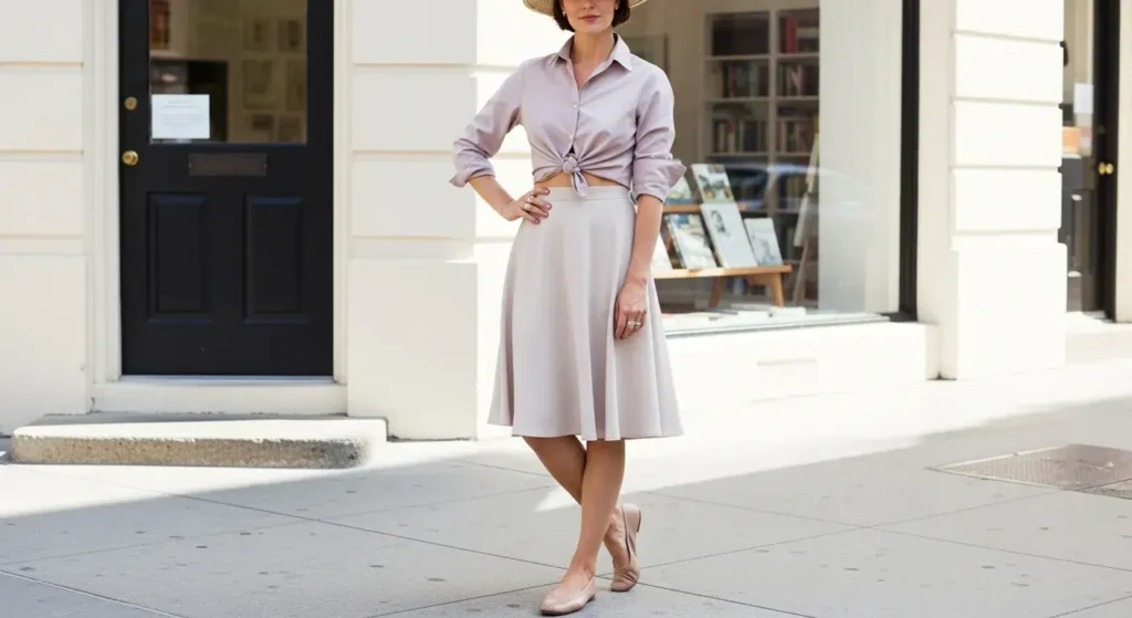 Cropped Button-Up + A-Line Skirt Classy Summer Outfits
