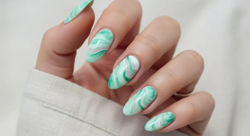 Seafoam Marble Beach Nails That Shine in Summer