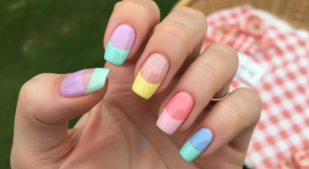Pastel Skittle Tips French Tip Nails with a Summer