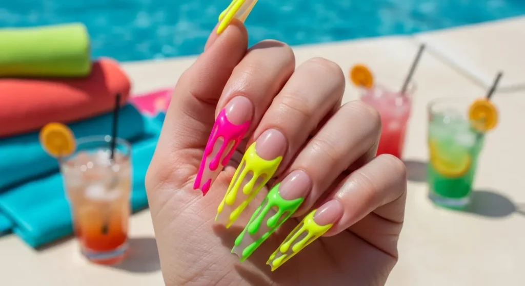 Sculpted Neon Drips Long Summer Nail