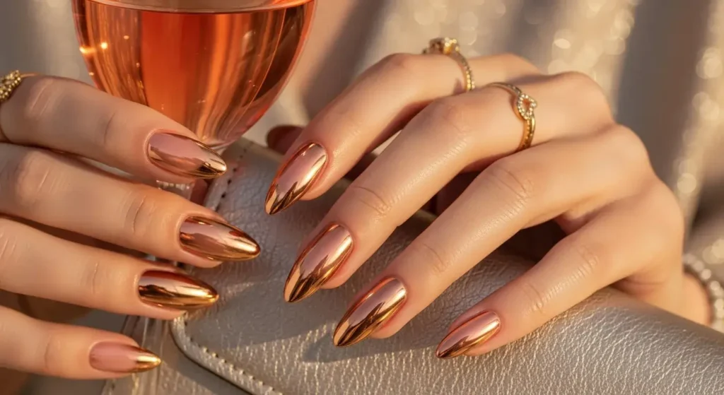 Chrome Almond Tips in Peach or Rose Gold Cute Summer Nail Inspo for 2025: Almond, Square & Short Styles