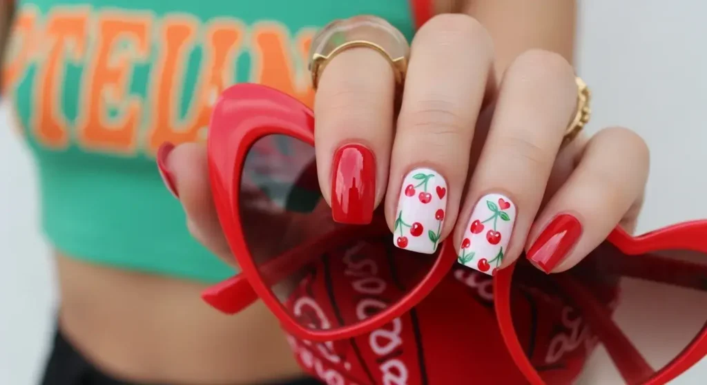 Cherry Pattern Accent Nails Cherry Nail Inspo That Pops in 2025