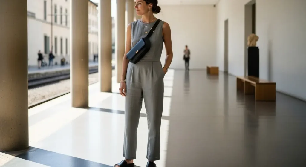 Monochrome Jumpsuit + Sling Bag Cute and Comfy European Summer Outfits Ideas