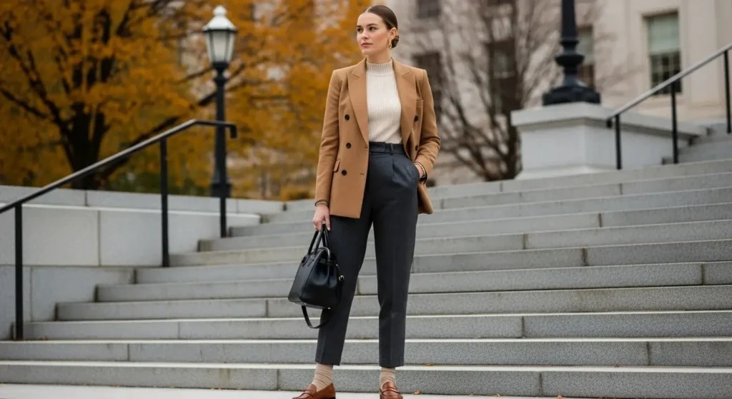 Double-Breasted Blazer Over Knits Preppy Fall Outfits Idea