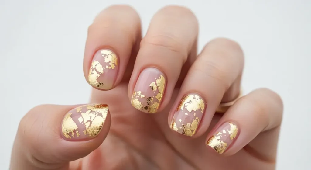 Gold Leaf Accents Round Summer Nails