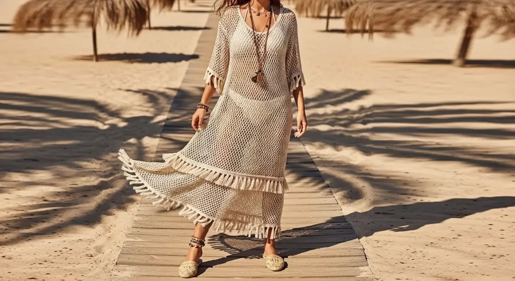 Boho Knit Maxi Dress Beach Summer Outfits for women